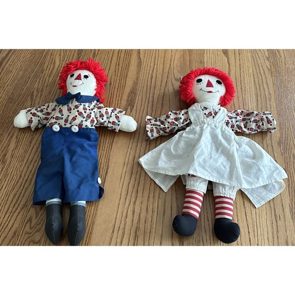 Vintage 70s Raggedy Ann &Andy Doll Toy Soldier Print Clothes Red Yarn Face